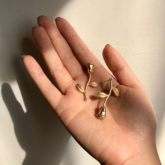 Jewelry - New Rose Earrings 14k Gold over 925 Silver Flower Beauty and Beast Earrings